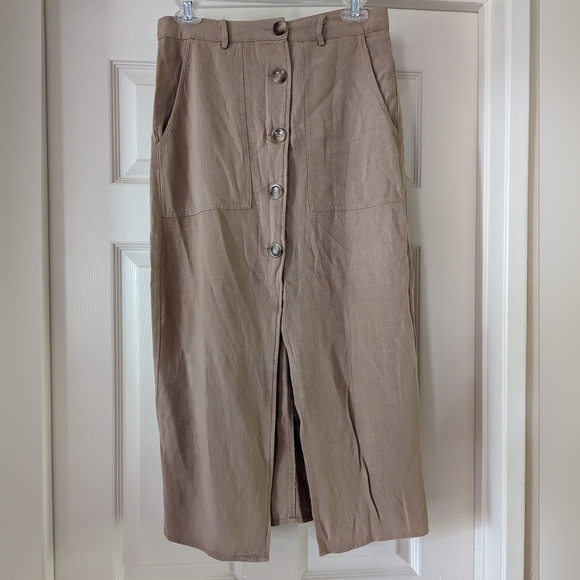 Arianna By Howard's Size Small Tan Button Down Cotton & Linen Skirt - Picture 1 of 5